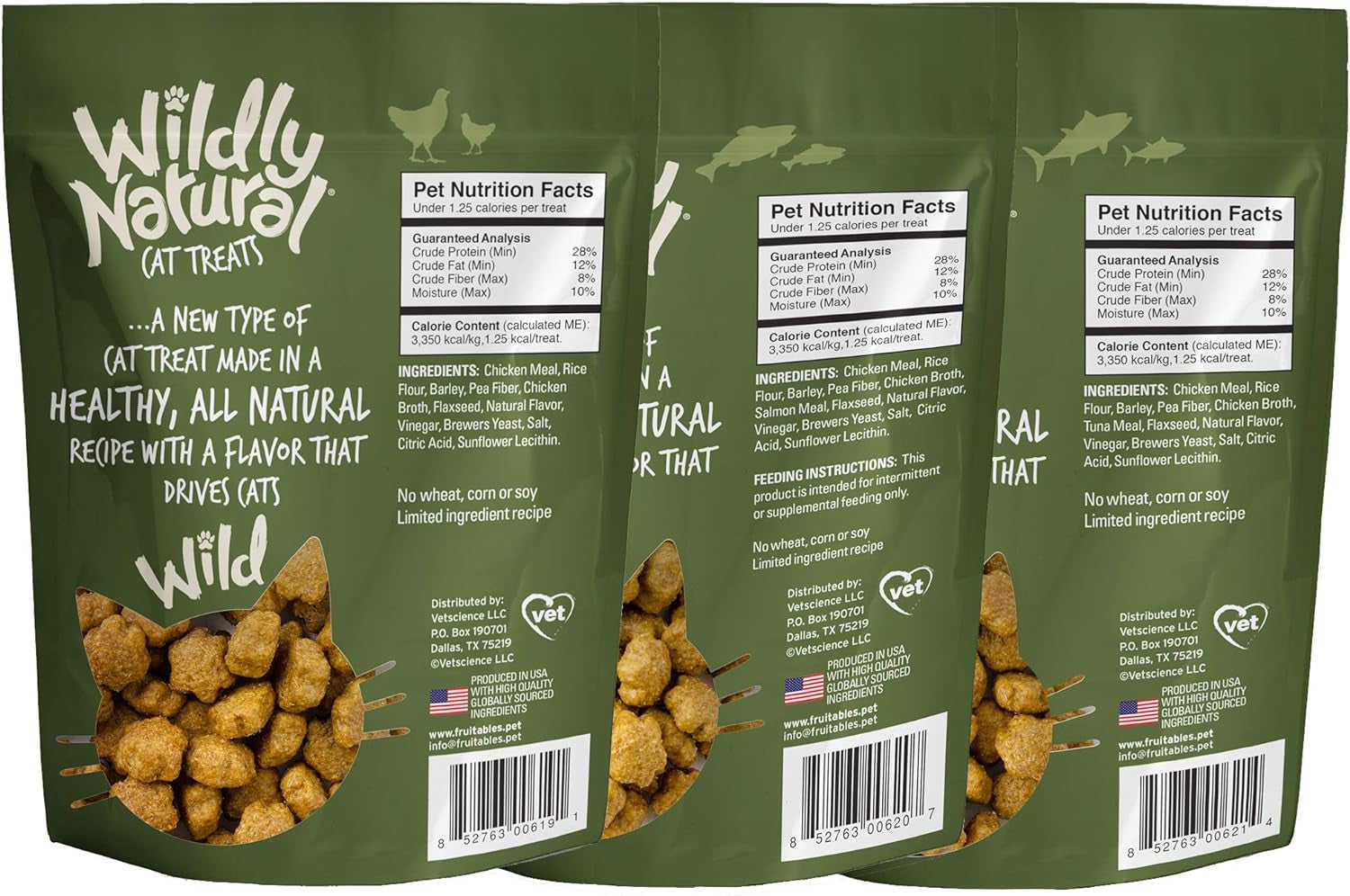 Wildly Natural Cat Treat Variety Pack with Chicken, Tuna and Salmon, 3 Pack, (1) 2.5 Ounce Bag of Each Flavor