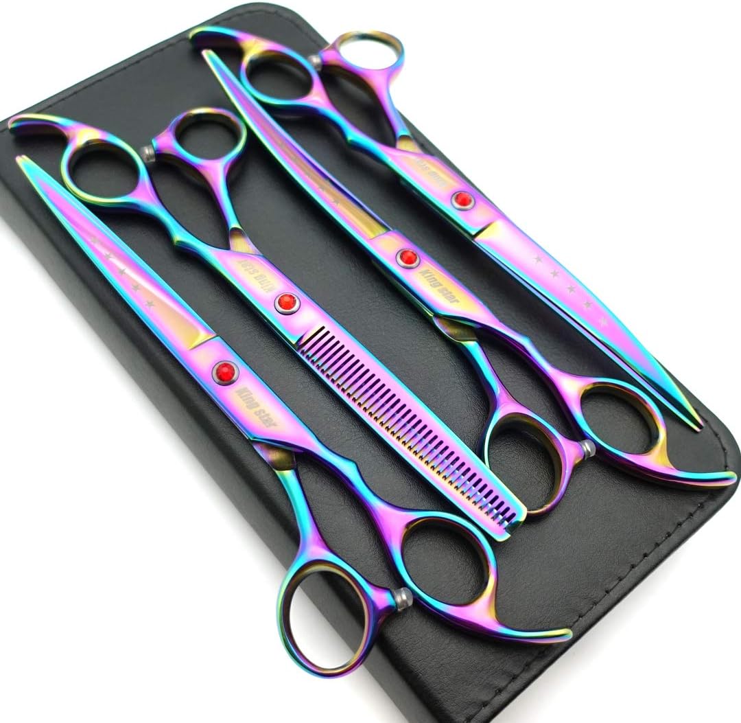 7.0In Titanium Professional Dog Grooming Scissors Set,Straight & Thinning & Curved Scissors 4Pcs Set for Dog Grooming (Bright Black)