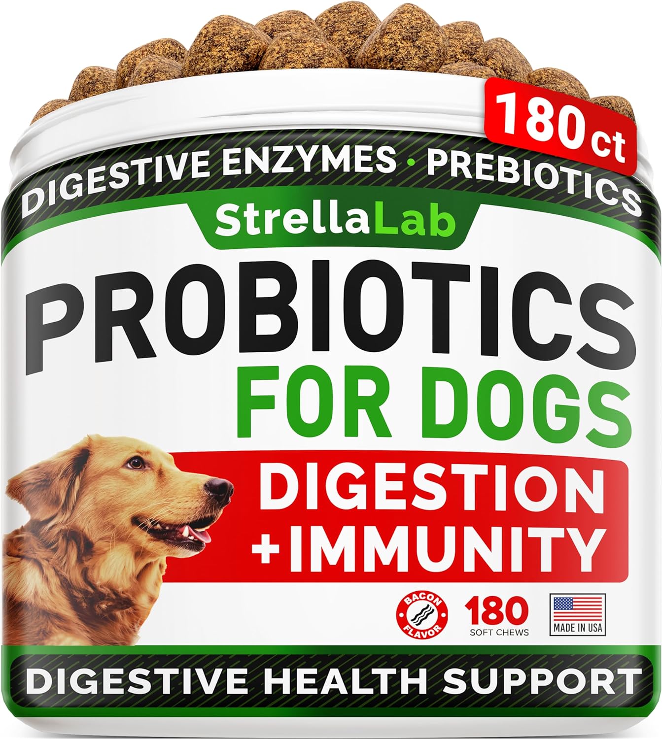 Dog Probiotics Treats for Picky Eaters - Digestive Enzymes + Prebiotics - Chewable Fiber Supplement - Allergy, Diarrhea, Gas, Constipation, Upset Stomach Relief - Improve Digestion&Immunity