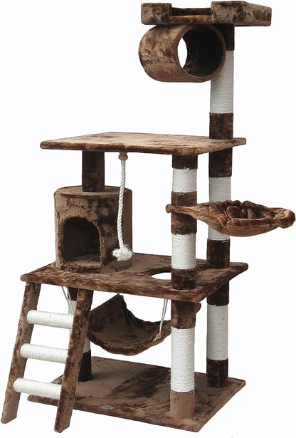 62-Inch Cat Tree Condo with Large Top Perch, Rope, Basket, Ladder, Scratching Posts; Luxurious, Warm and Cozy