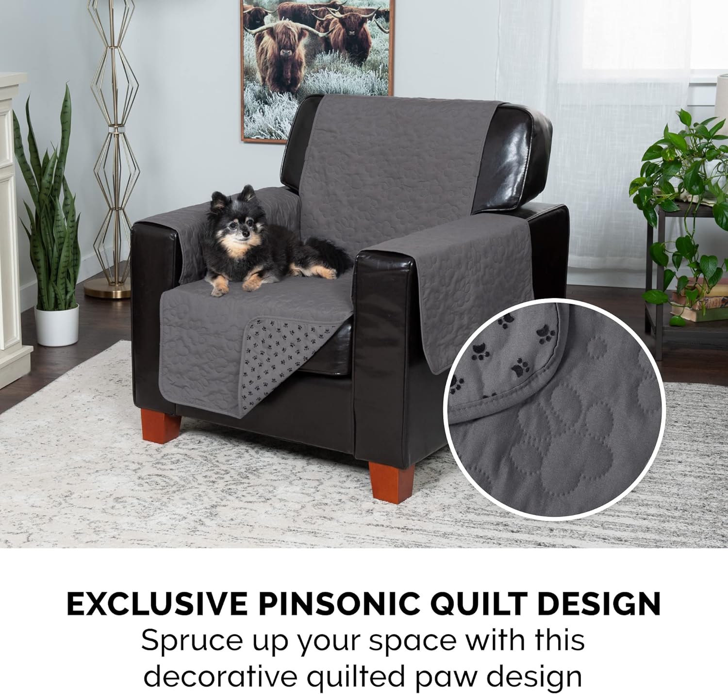 Waterproof & Non-Slip Chair Cover Protector for Dogs, Cats, & Children - Quilted Paw Print Living Room Furniture Cover - Gray, Chair