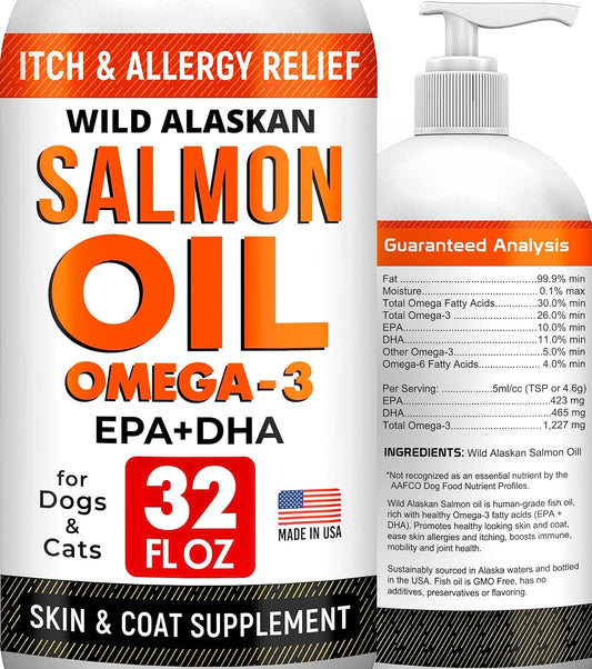 32 OZ Salmon Oil for Dogs - Omega 3 Fish Oil for Dogs & Cats, Itch & Allergy Relief, Wild Alaskan Salmon Oil Dogs Skin & Coat, Dog Fish Oil Liquid, Shedding Supplement EPA & DHA Fatty Acids