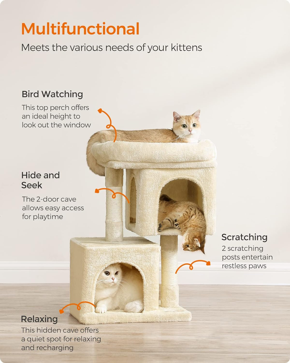 Cat Tree, 26.4-Inch Cat Tower, S, Cat Condo for Kittens up to 7 Lb, Large Cat Perch, 2 Cat Caves, Scratching Post, Beige UPCT611M01